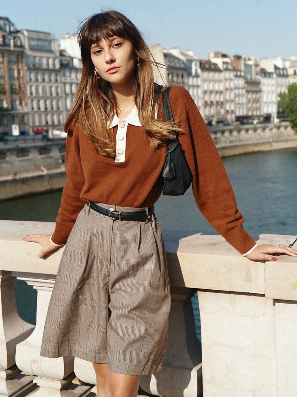 Rust Brown Polo Collar Sweater with Light Peach Trim
